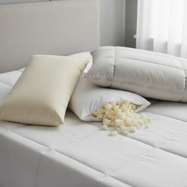 Close-up of various adjustable and hybrid bed pillows, highlighting different materials and designs.