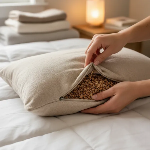 A person's hands adjusting the fill level of a buckwheat pillow through a zippered opening to customize firmness and loft.
