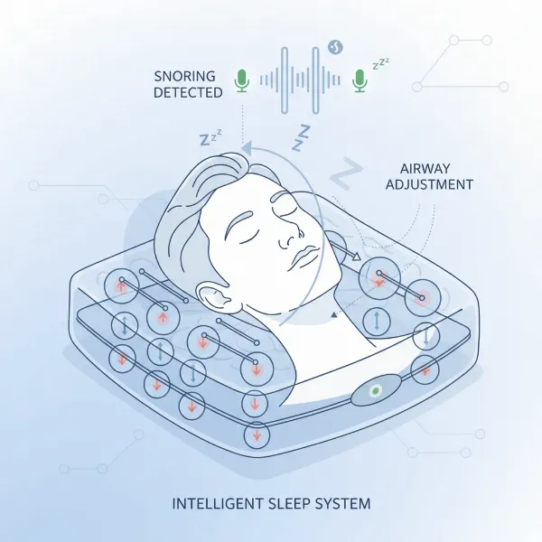 Diagram showing an AI-adjusting pillow detecting snoring and adjusting head position.