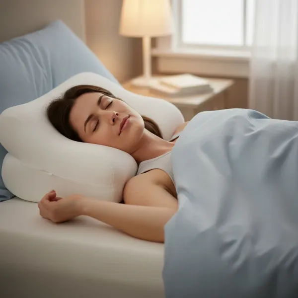 Back sleeper comfortably supported by Core Products Tri-Core pillow, aligning neck and spine.