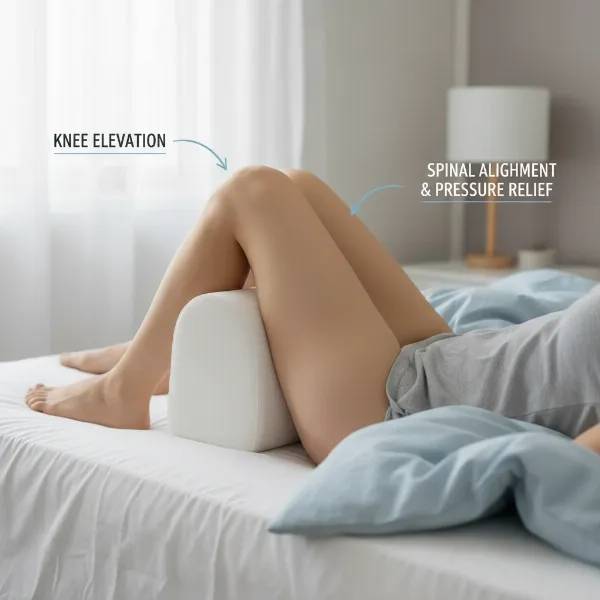 Back sleeper with a knee pillow placed under knees for lumbar support.