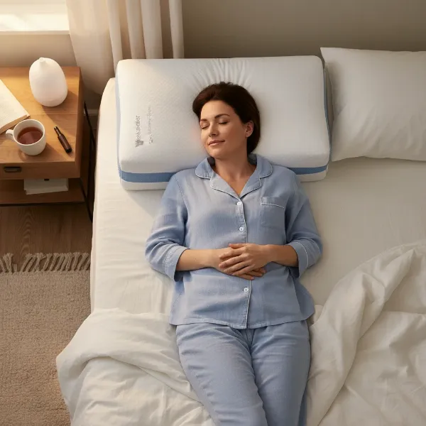 Person sleeping on their back using a Weekender Gel Memory Foam Pillow, showing neutral spinal alignment.