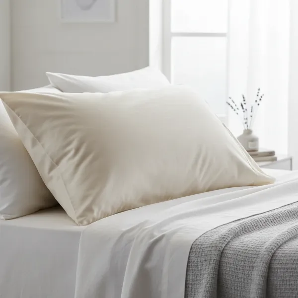 Soft, plush bed pillow made from recycled plastic, mimicking down, on a beautifully made bed.
