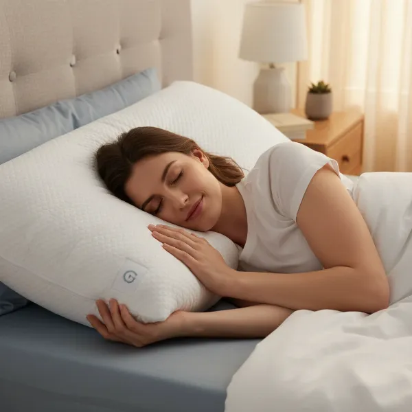 Person sleeping comfortably on GhostPillow Faux Down, demonstrating neck support and spinal alignment.