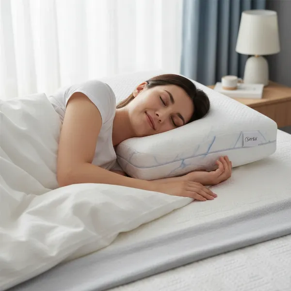 Person comfortably sleeping on their side using a Serta Magic Gel pillow, showing good spinal alignment.
