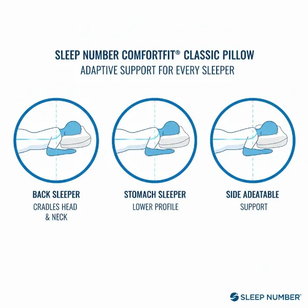 Illustrations of a person sleeping on their back, stomach, and side with the ComfortFit Classic pillow.