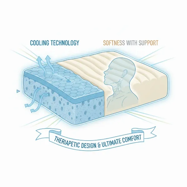 Diagram showing cooling features and supportive softness in a pillow designed for migraines.