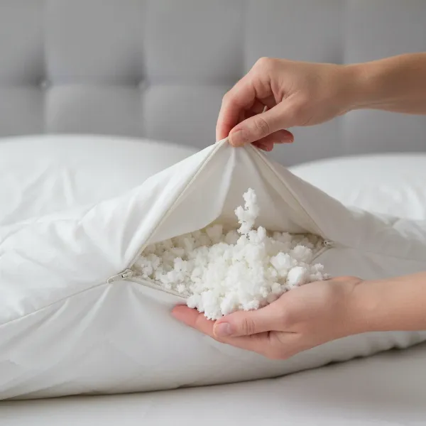 Hands adjusting shredded memory foam and microfiber fill inside a Coop Home Goods Original Pillow.