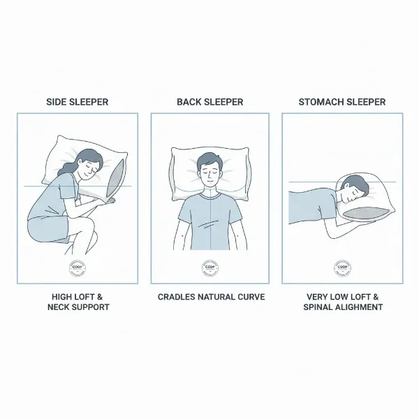 Three distinct illustrations showing the Coop Home Goods Original Pillow supporting side, back, and stomach sleepers for proper spinal alignment.
