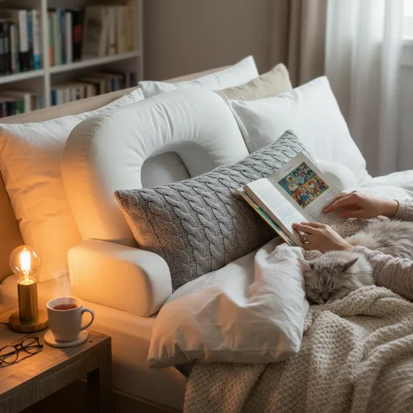 Cozy bed reading nook with multiple pillows, blanket, and a book, emphasizing ultimate comfort and relaxation