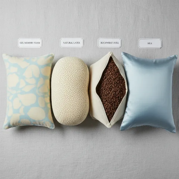 An assortment of various cooling bed pillows made from different materials like gel, latex, and buckwheat.