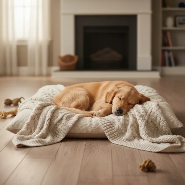 A happy dog resting comfortably on a soft, rectangular pet bed made from a repurposed old bed pillow.