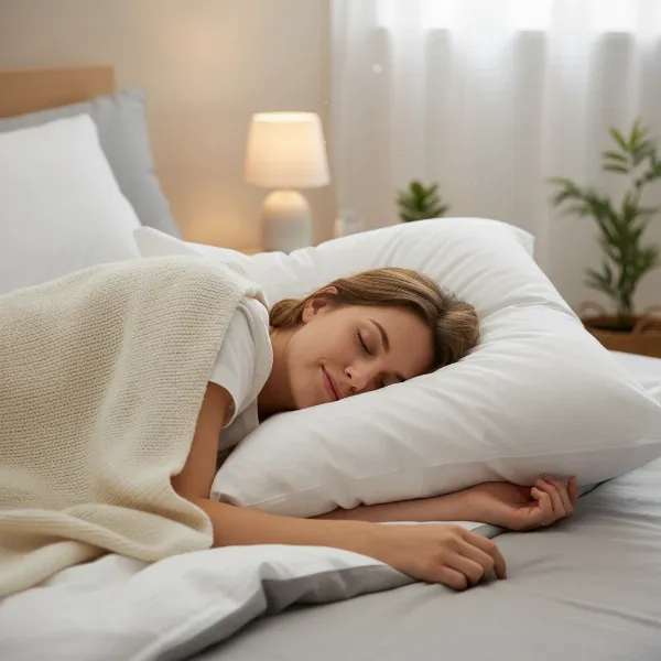 A person sleeping comfortably on their stomach, with a soft, fluffy down pillow molded to a low loft for gentle support.