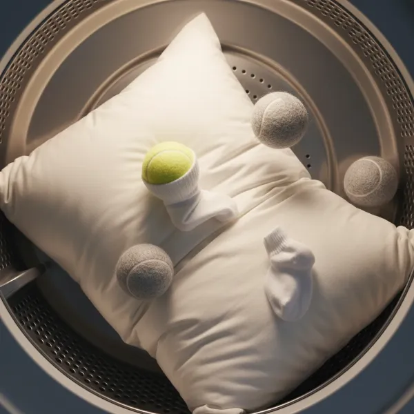 Tennis balls and wool dryer balls fluffing bed pillows in a rotating clothes dryer.