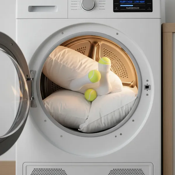 Two pillows and two tennis balls inside a clothes dryer during a fluffing cycle.