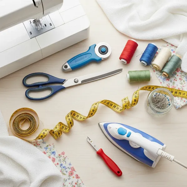 An organized collection of essential sewing tools for a custom pillowcase project.