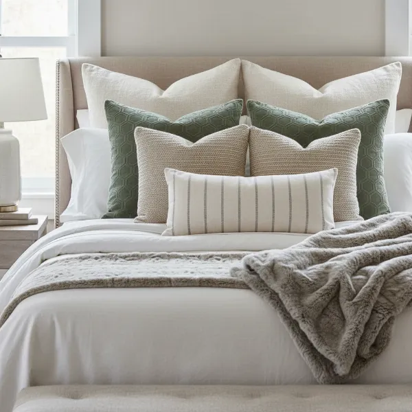 Expertly arranged bed with a layered display of decorative throw pillows creating a refined look.