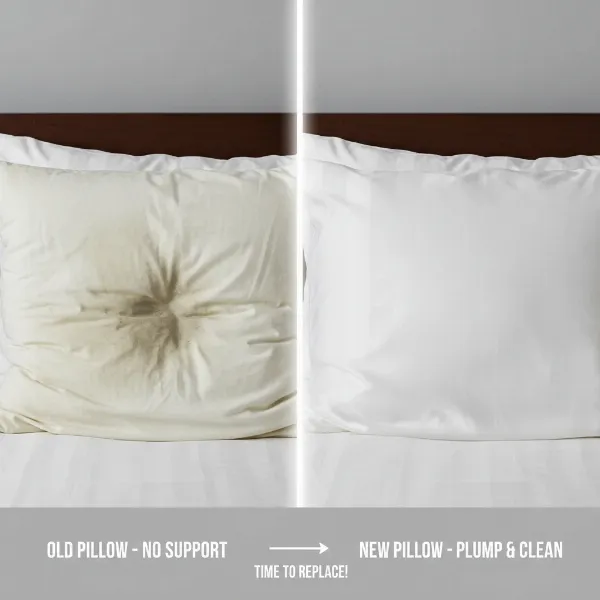 Old, flattened, lumpy pillow next to new, fluffy pillow showing loss of support.