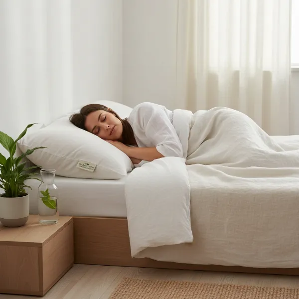 Person sleeping peacefully on an organic pillow, symbolizing allergy relief and healthy sleep.