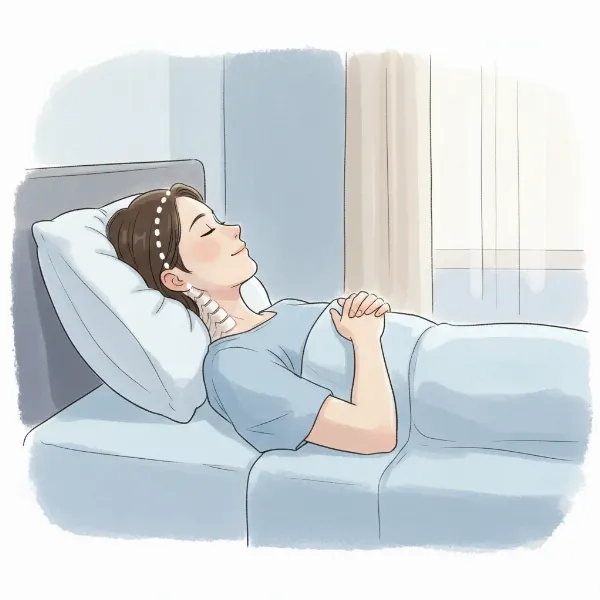 Illustration of a person sleeping on a pillow with healthy spinal alignment, showing head, neck, and back in a straight line.