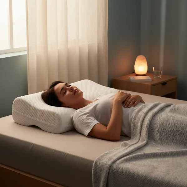 Person sleeping comfortably on a memory foam pillow with optimal spinal alignment.