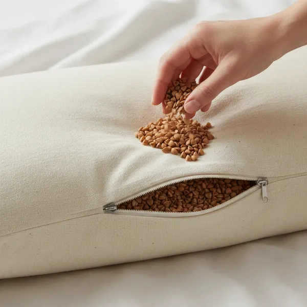 Person adjusting the fill of a Hullo buckwheat pillow for personalized comfort and support.