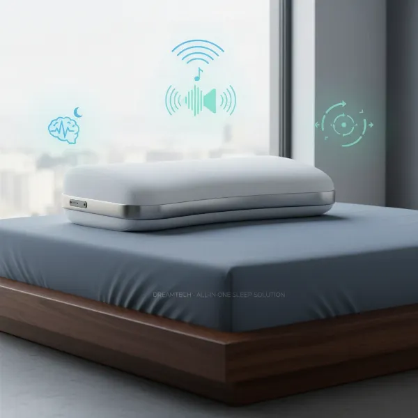 A hybrid smart pillow combining sleep tracking, audio, and anti-snore technologies.