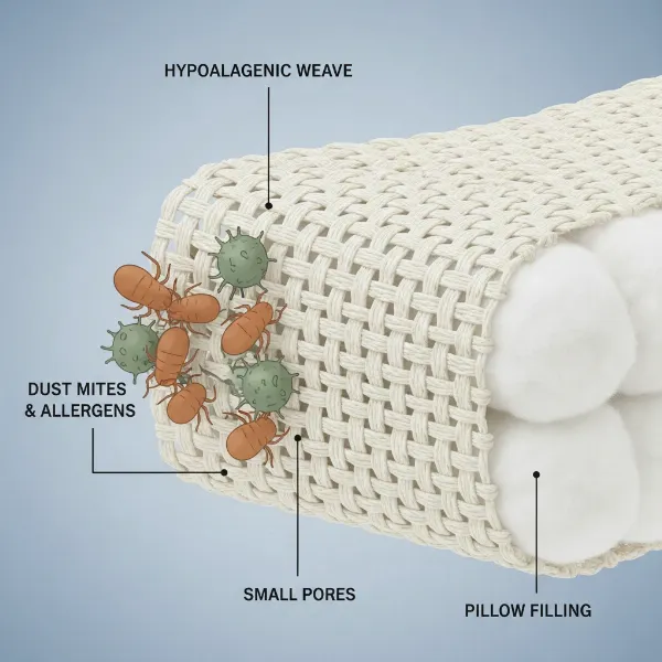Illustration of tightly woven fabric blocking dust mites and allergens from a pillow core.