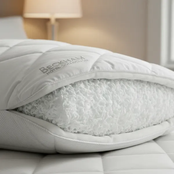 cross-section of a white pillow showing plush hypoallergenic gel fiber fill
