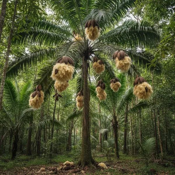 A tall kapok tree with open seed pods, illustrating sustainable fiber harvesting in a rainforest.