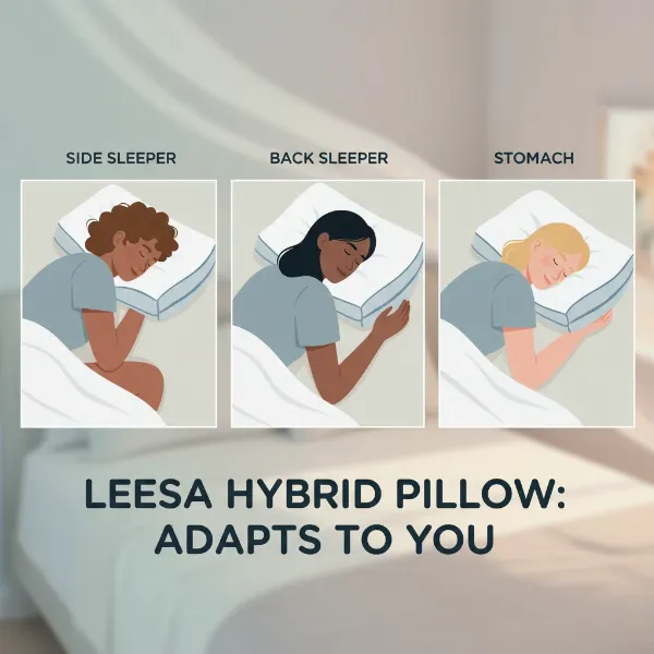 Diverse group of people sleeping comfortably on a Leesa Hybrid Pillow in various positions.
