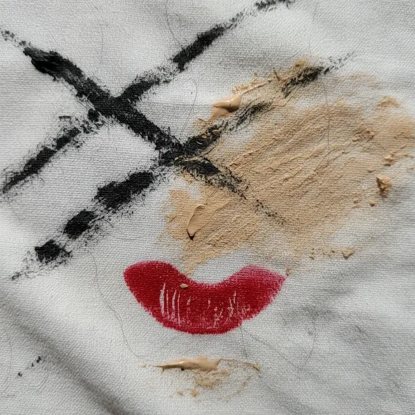 Pillow with various makeup stains, including mascara, foundation, and lipstick, illustrating common issues.
