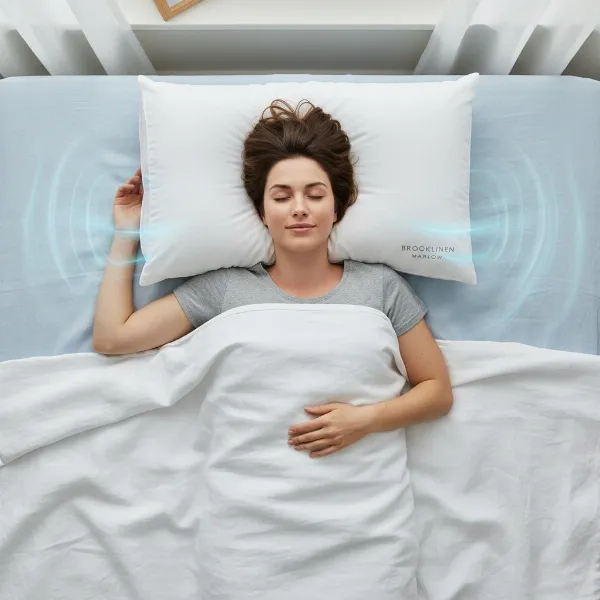 Person sleeping peacefully on a Brooklinen Marlow Pillow, showing cooling comfort and support.