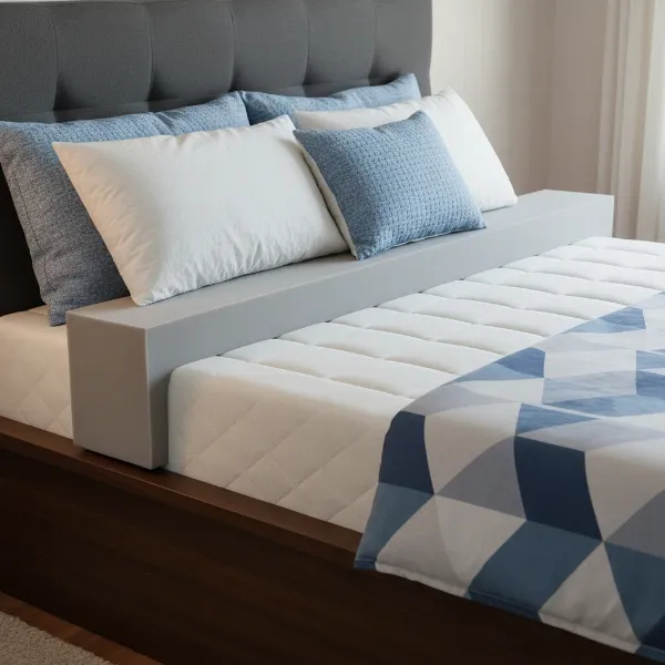A foam mattress gap filler or bed wedge neatly inserted between a mattress and a headboard, closing the crevice.