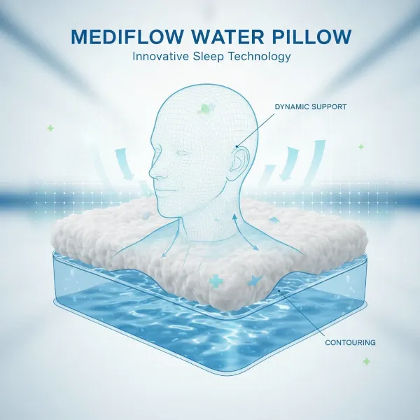 Diagram showing Mediflow Water Pillow layers: water base, soft fiber, for neck support.