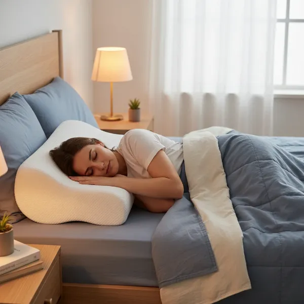 A person sleeping peacefully on their side on a contouring memory foam pillow, illustrating neck support and proper spinal alignment.