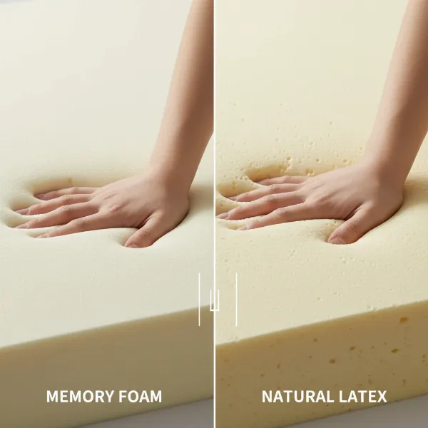Close-up comparison of memory foam's conforming hug versus latex's buoyant support.