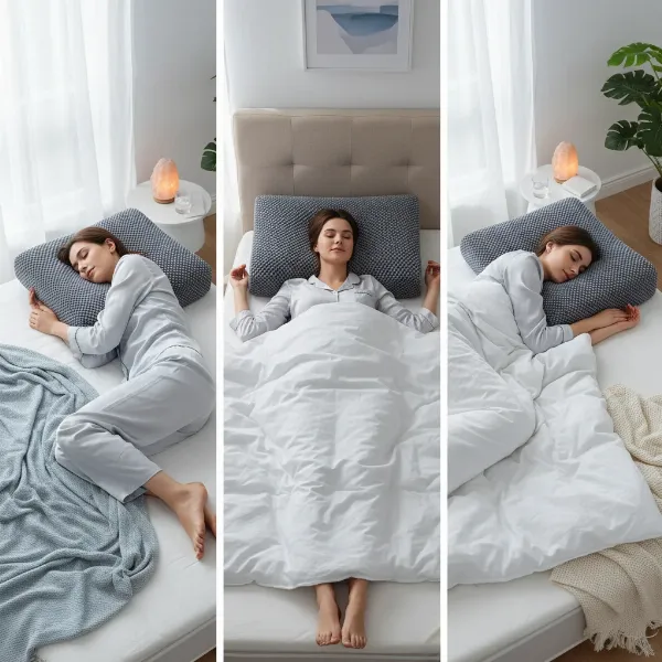 Person sleeping on a microbead pillow in various positions: side, back, and stomach.