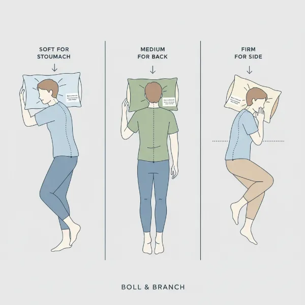 Infographic showing ideal Boll & Branch pillow firmness for stomach, back, and side sleepers to achieve proper spinal alignment.