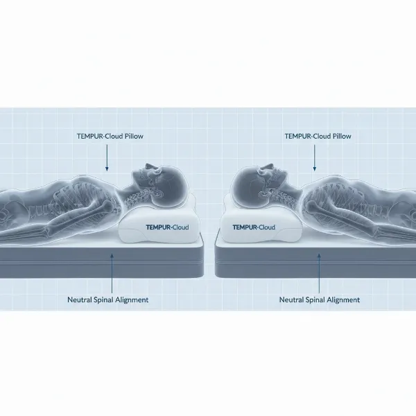 Diagram illustrating proper spinal alignment for back and stomach sleepers using Tempur-Cloud Pillow.