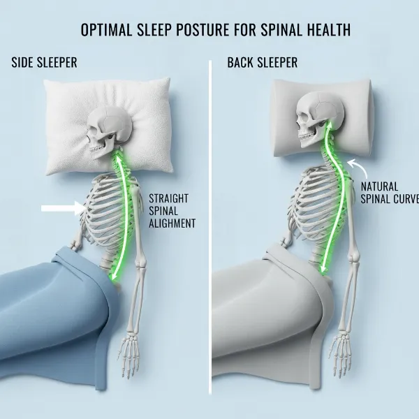 Diagrams illustrating proper spinal alignment for side and back sleepers with supportive pillows.