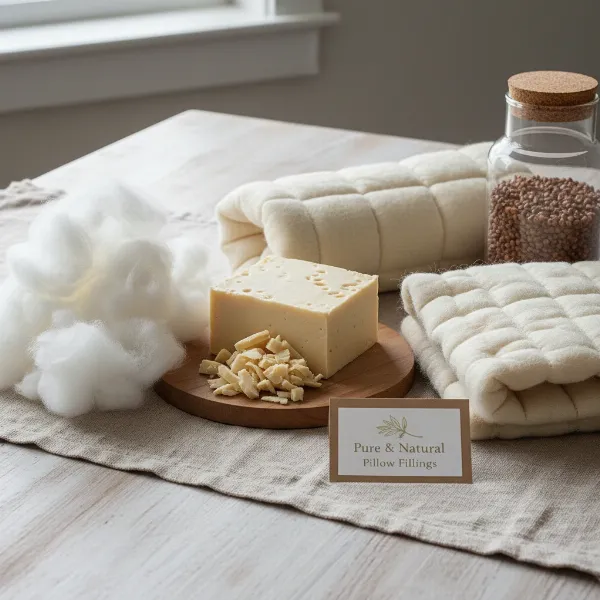 Assortment of organic pillow materials like cotton, latex, wool, and buckwheat hulls.