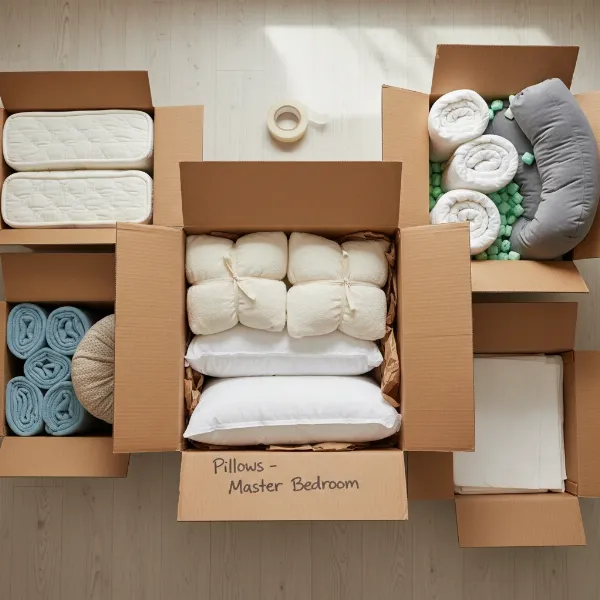 Neatly packed and labeled moving boxes containing pillows for easy identification.