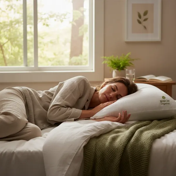 Person sleeping peacefully on a Birch Organic Pillow, suggesting hypoallergenic and eco-friendly benefits.