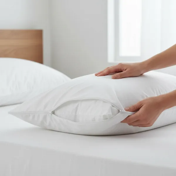 Person sliding a white, zippered pillow protector over a clean, fresh bed pillow.