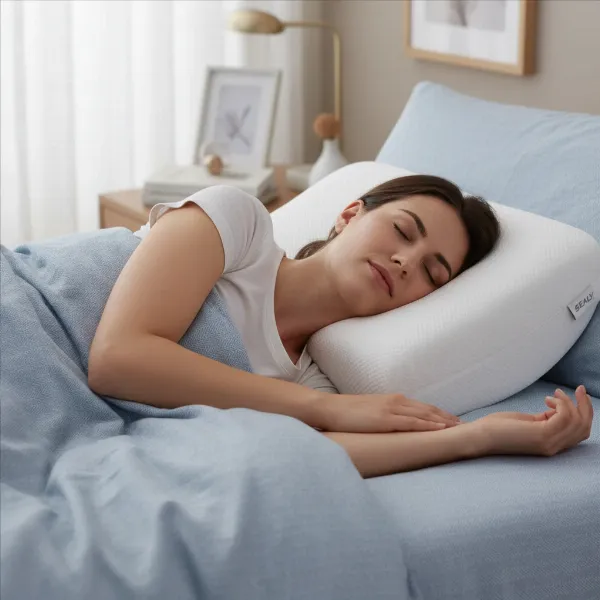 Person sleeping peacefully on back, head and neck perfectly aligned on memory foam pillow