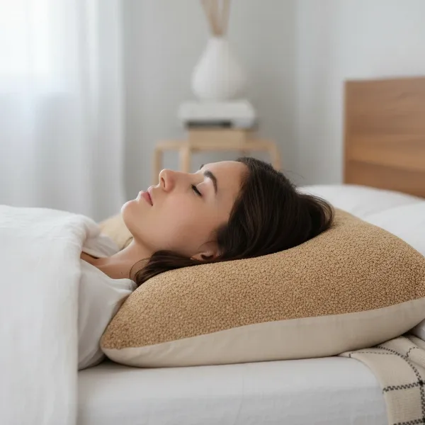 Person sleeping peacefully on a buckwheat pillow, showcasing excellent neck support and spinal alignment.