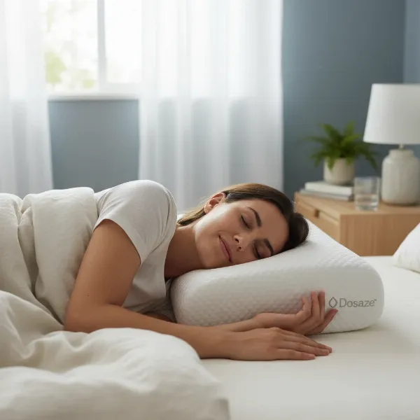 Person sleeping peacefully on Dosaze contoured pillow, free from neck and shoulder pain