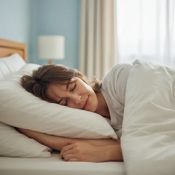 A person sleeping peacefully on a pillow, showing proper head and neck alignment.