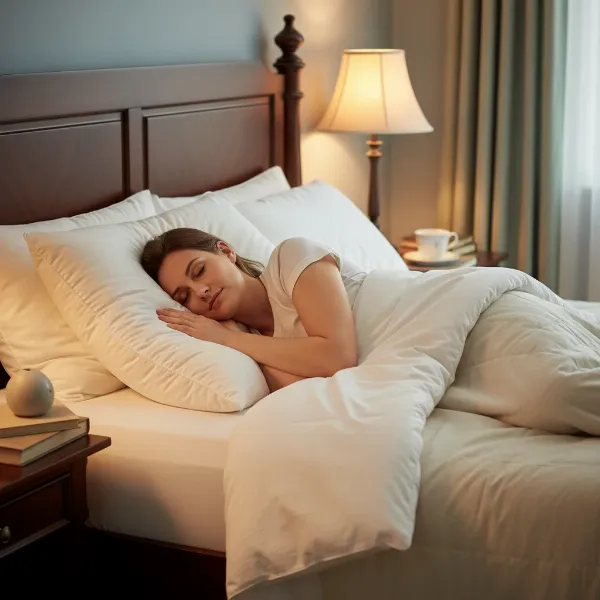 A person sleeping peacefully on a king-size pillow in a comfortable king bed.